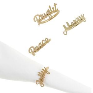 Bee & Willow Christmas Napkin Ring Set Merry Jolly Peace Bright Gold (Set of 4)